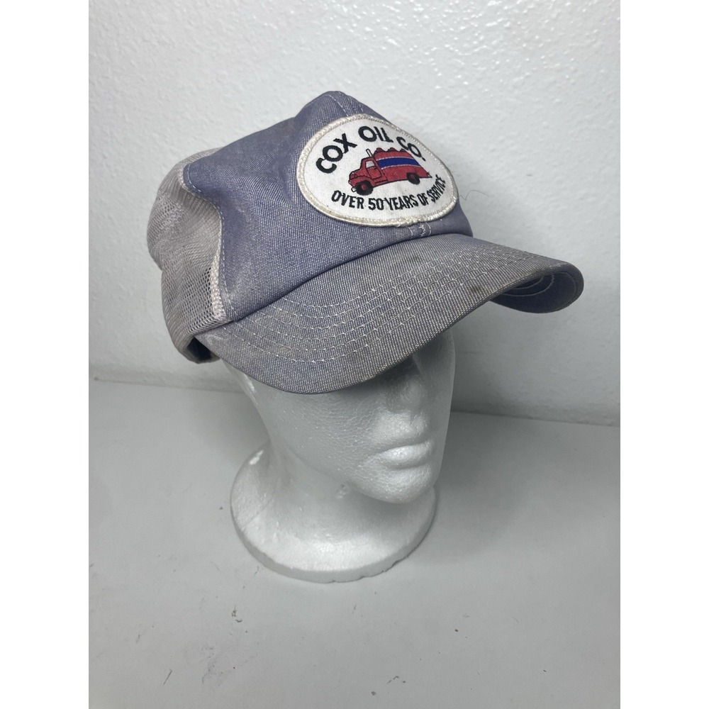 Vintage COX Oil Co Hat Patch Trucker Snapback Blue USA Made